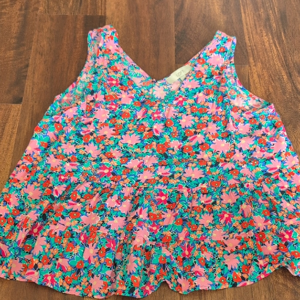 LOFT Pleated Pink and Orange Sleeveless Top